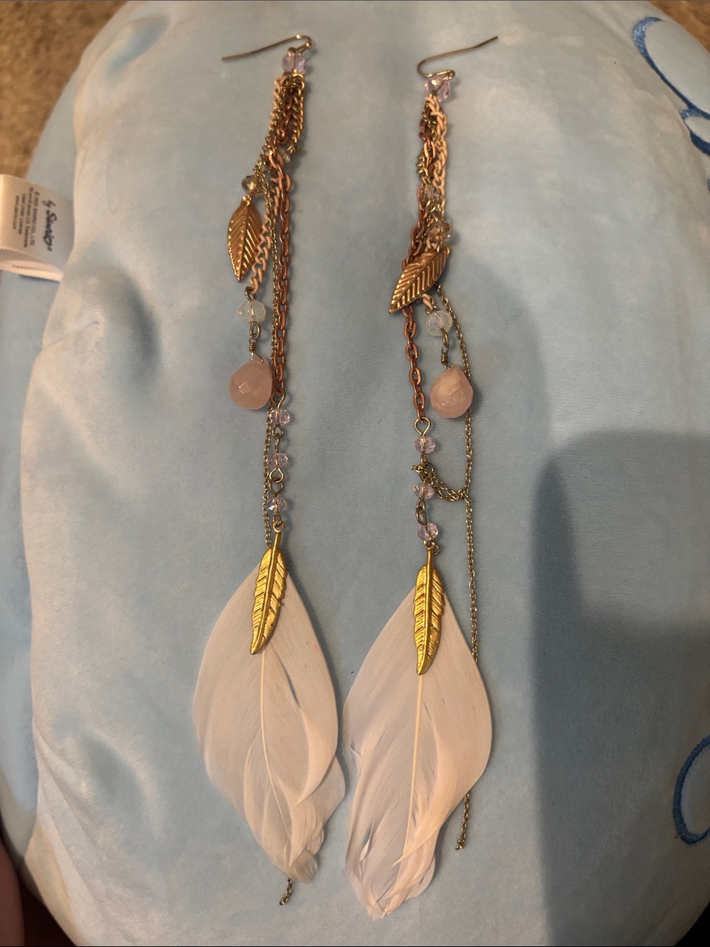 Express Gold-Tone Leaf & Light Pink Feather Drop Earrings